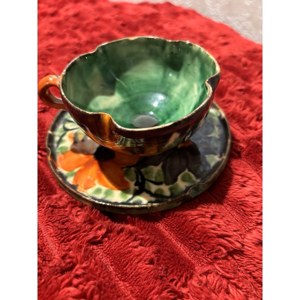 VTG Majolica Mexican Folk Art Cup & Saucer Ceramic Pottery Leaf Flower Drip